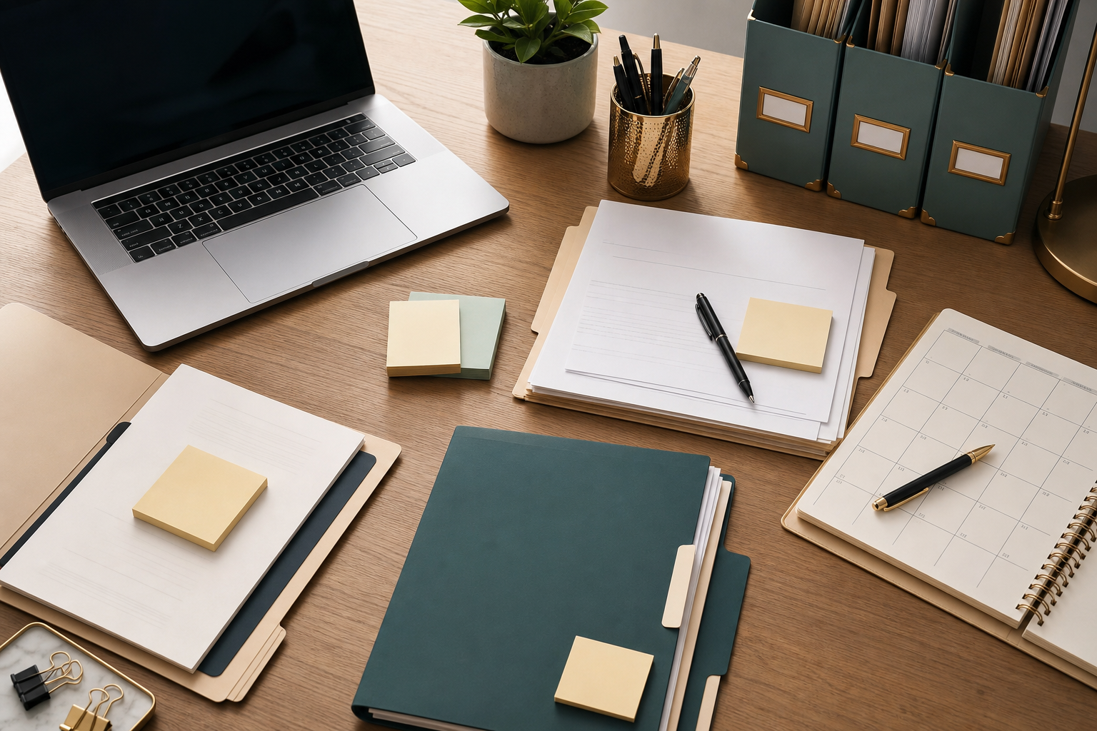 Organized documents, folders, and a laptop on a clean desk.