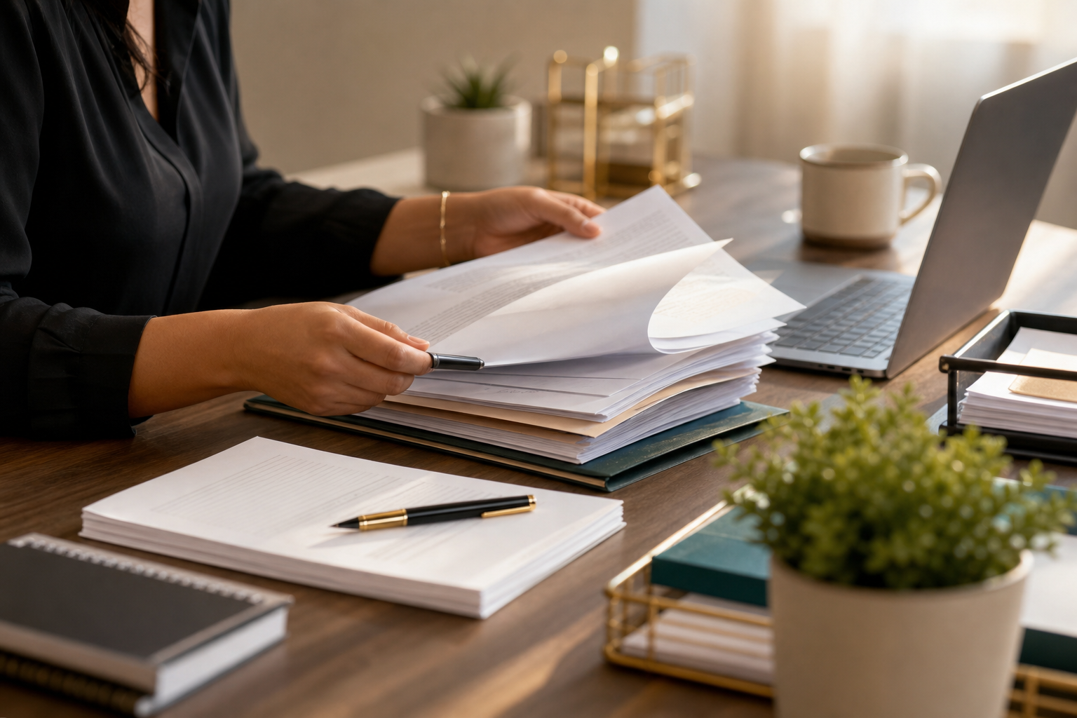 Professional reviewing organized paperwork at a desk.