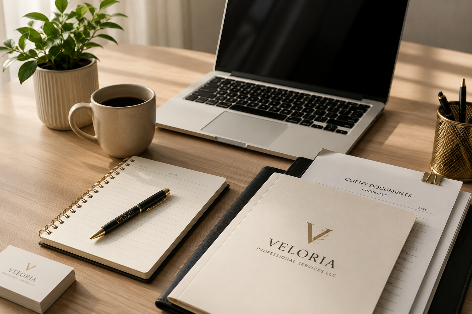 A branded Veloria office desk with a laptop, documents, notebook, pen, and warm natural light.